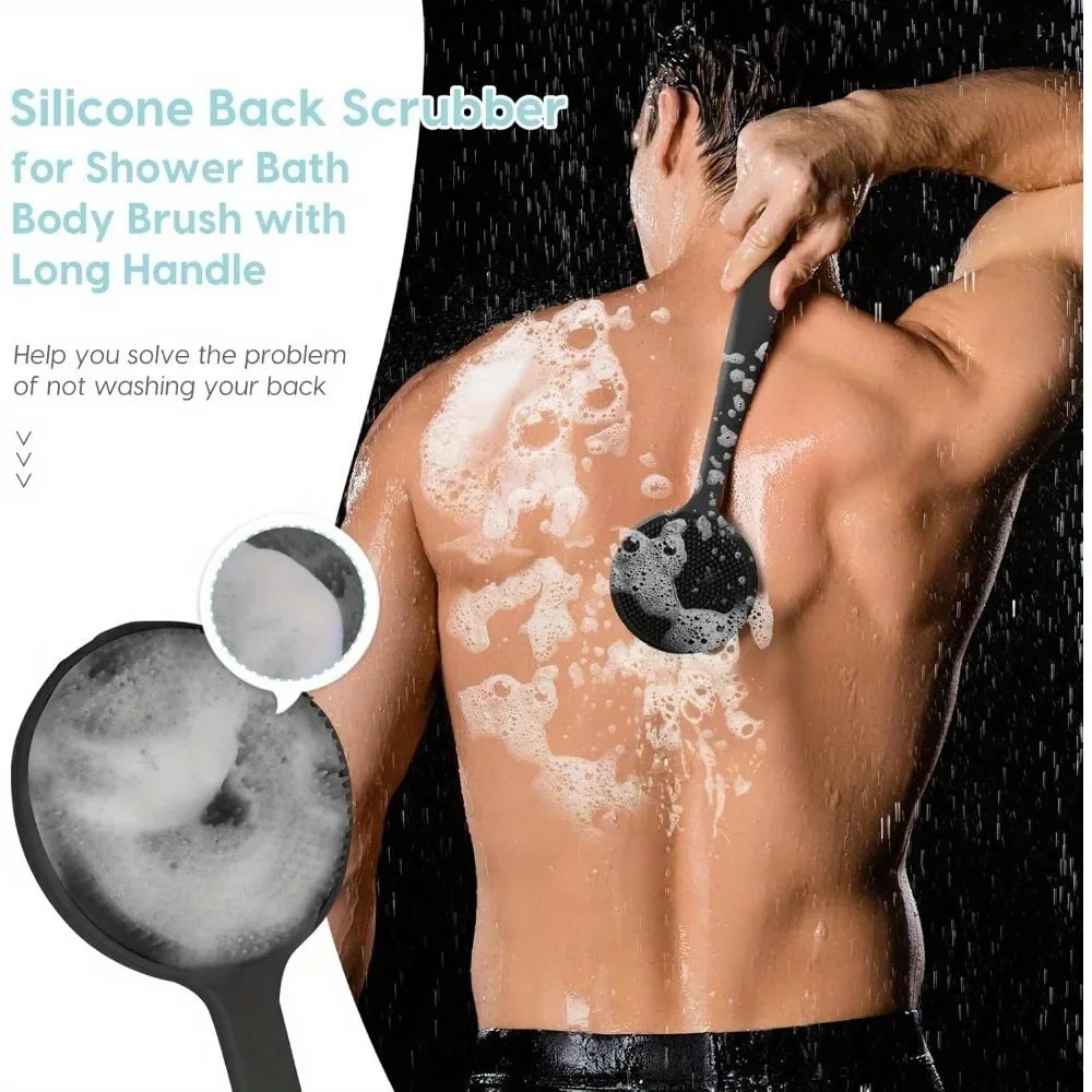 Person using a silicone back scrubber with text on a white background