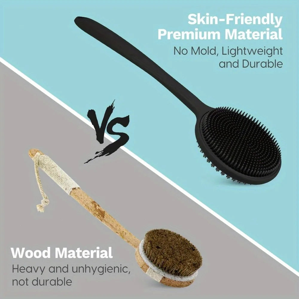 Comparison of a black skin-friendly brush and a wooden brush on a split background.